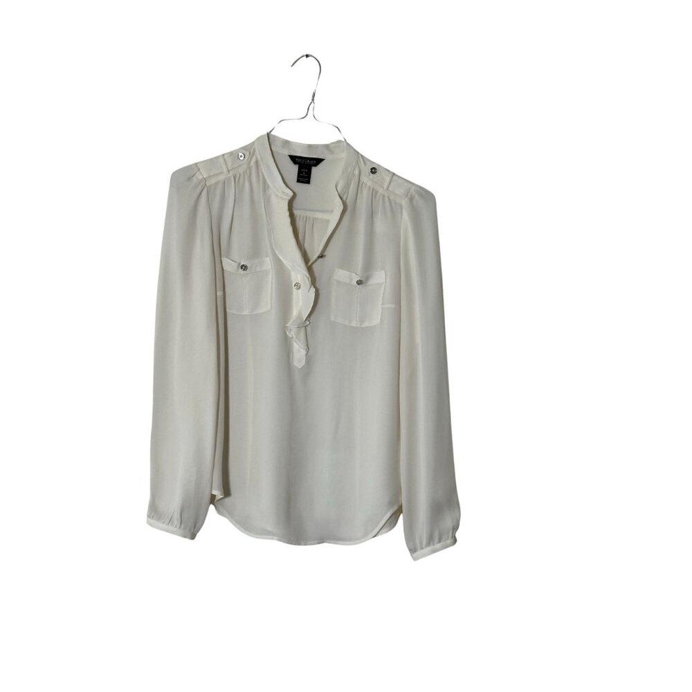 White House Black Market Ruffle Silk Blouse Long Sleeve V neck High Collar Sz 6